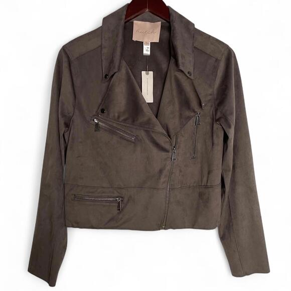 Hutch Anthropologie Faux Suede Moto Jacket‎ Small Grey NWT Soft Lightweight Zip - Picture 6 of 9